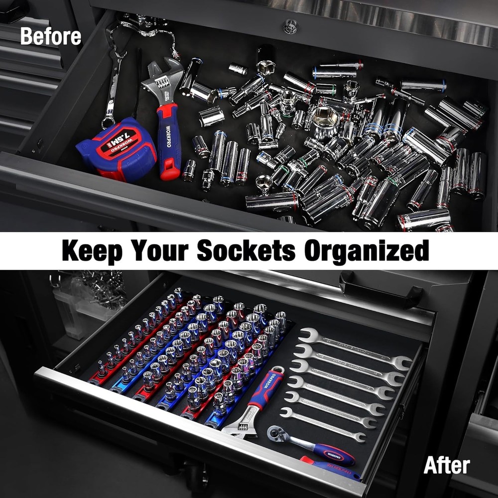 Compact Red Magnetic Socket Organizer - 3/8-Inch Drive with Rotatable Clips