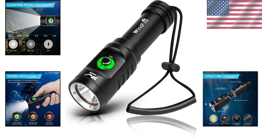 Durable Underwater Flashlight with Battery Indicator - Ideal for Night Diving