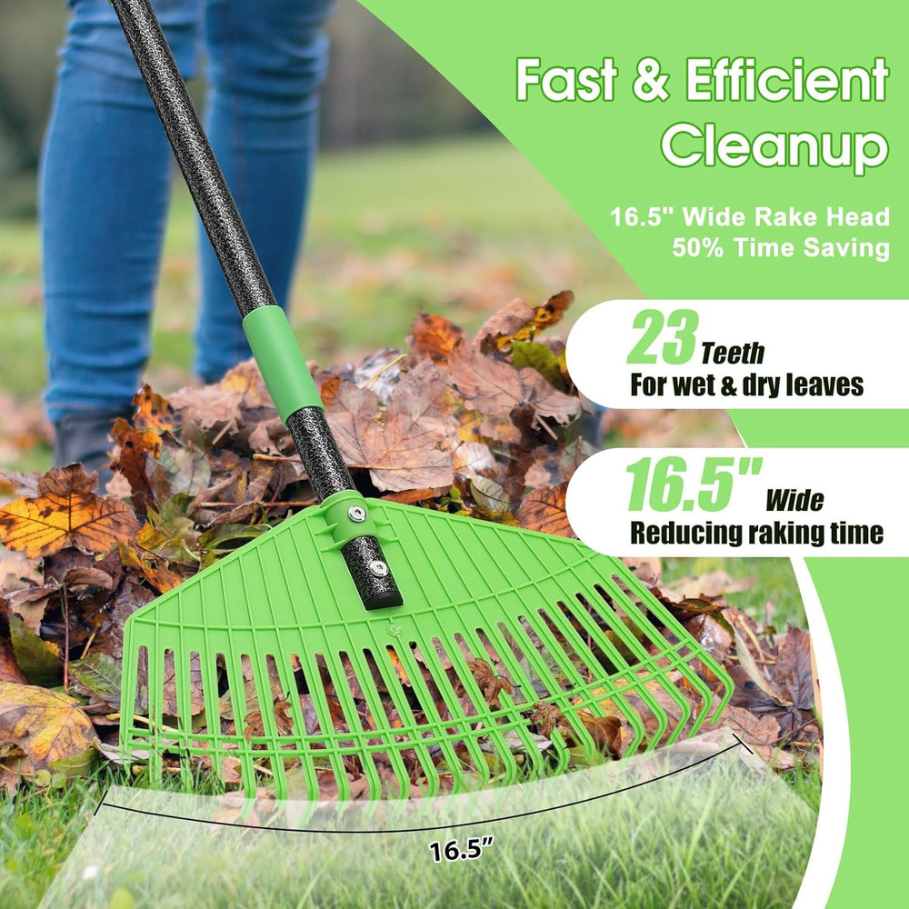 Leaf Rake for Lawn,16.5” Plastic Rake for Yard,Unbreakable Nylon Head,45” Long H