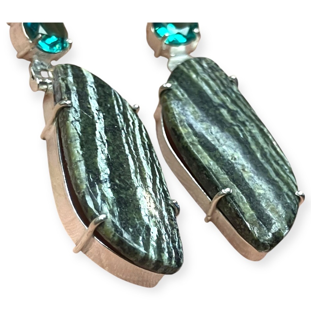 Boho Dangle Statement Rhinestone Acrylic & Silver Tone Teal Green 2.52" Earrings