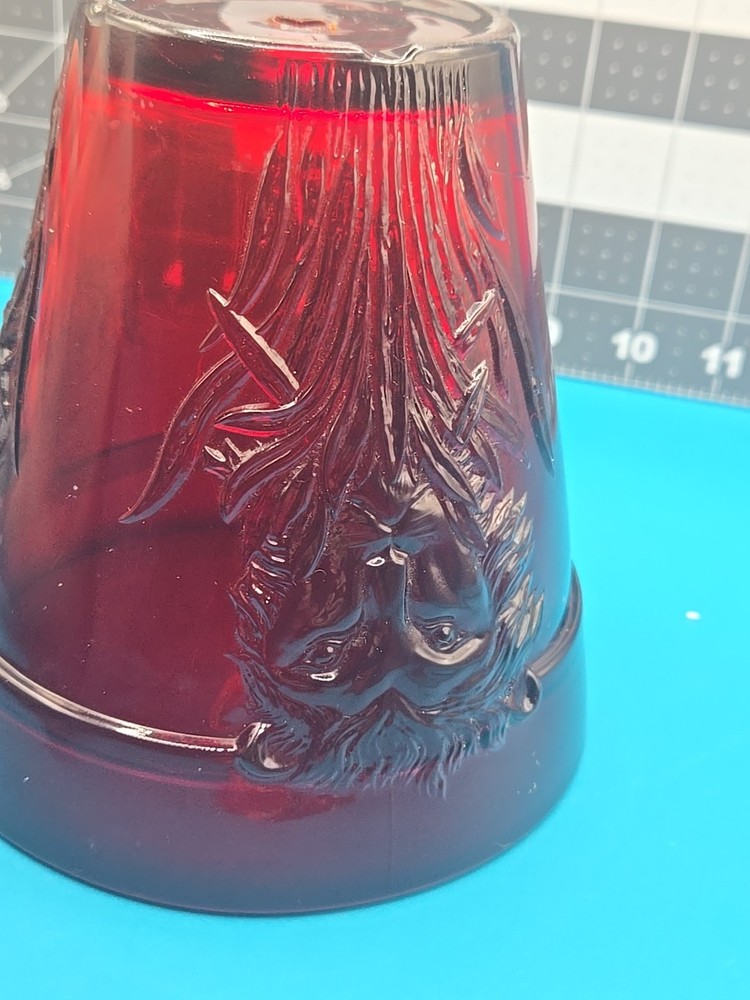 Vintage 5" Tall Ruby Red Glass Planter Eith Lion Head Flower Embossed Around It