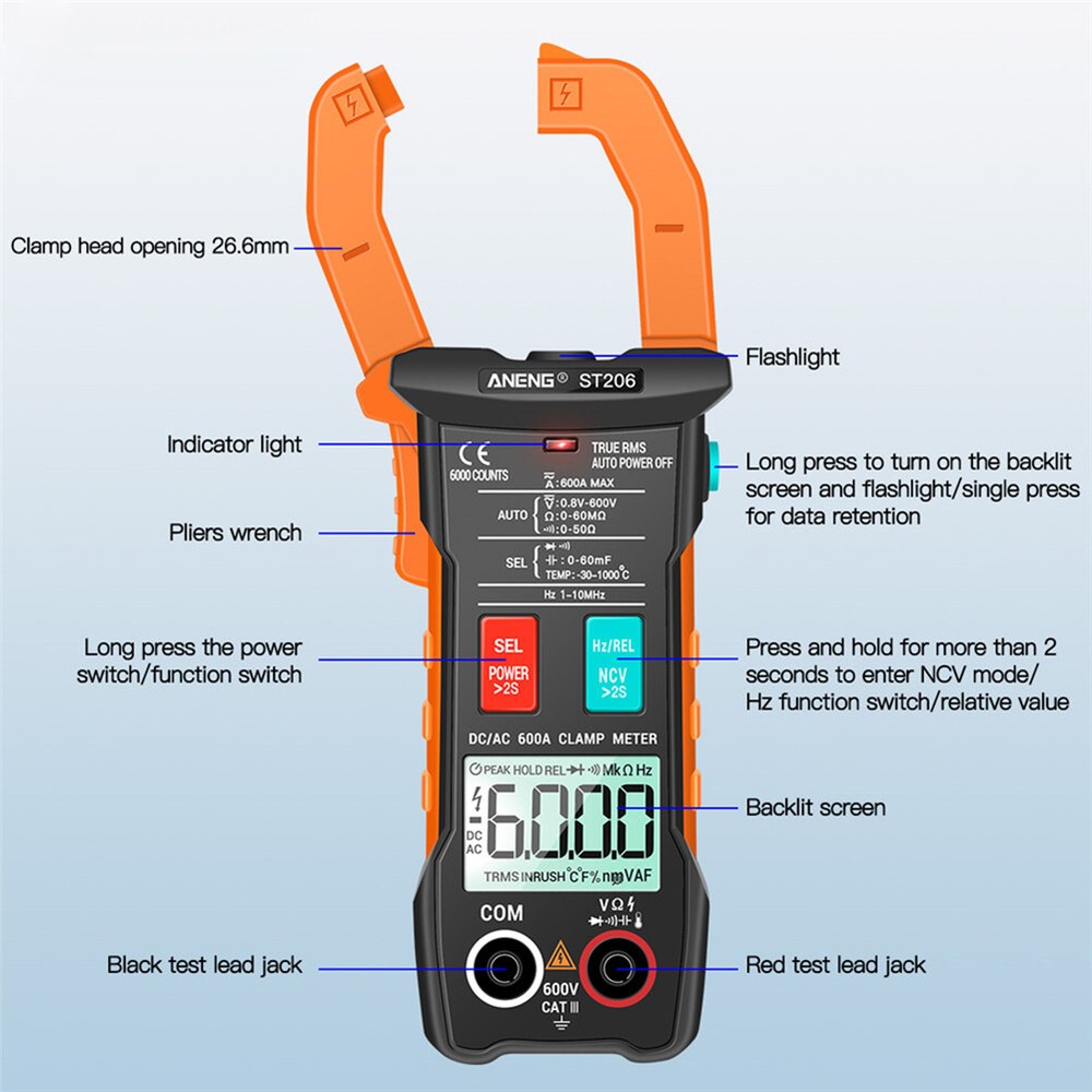 ST206 Digital Clamp Meter Auto Range Electrical Current Tester Measurement Tools