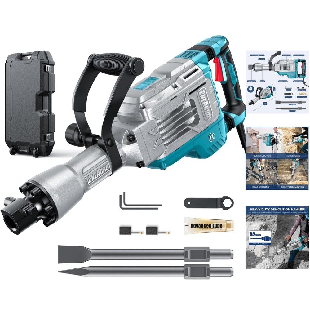 1700W Electric Jack Hammer with 360° Handle & Versatile Tool Kit in Rolling Case