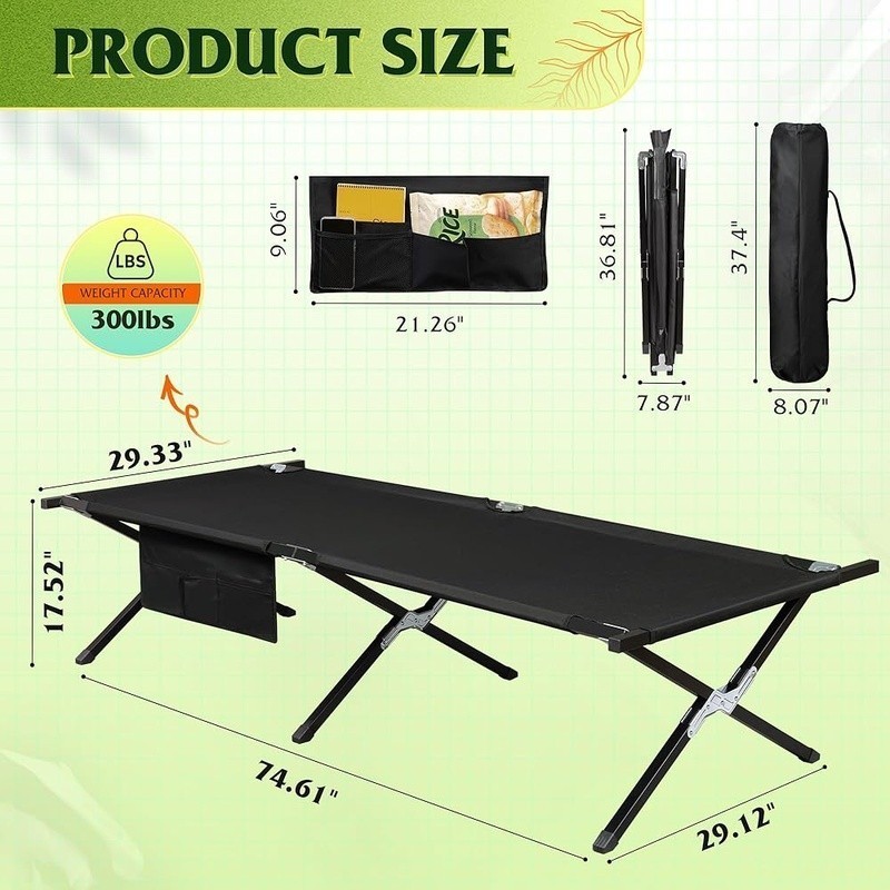 Portable Camping Cot Lightweight Foldable Bed W/ Side Pocket Quick Setup New