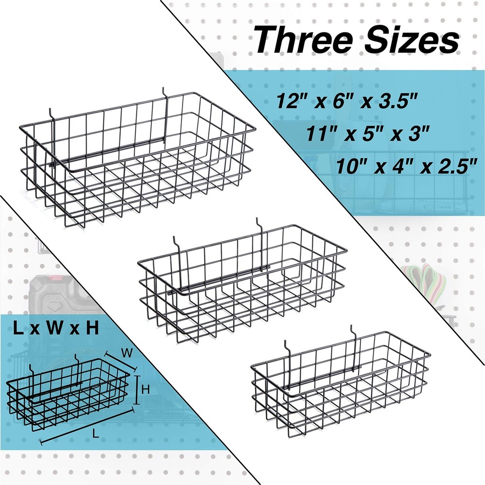3 PCS Pegboard Baskets Black Square Style Hooks Organize Tools Garage Storage