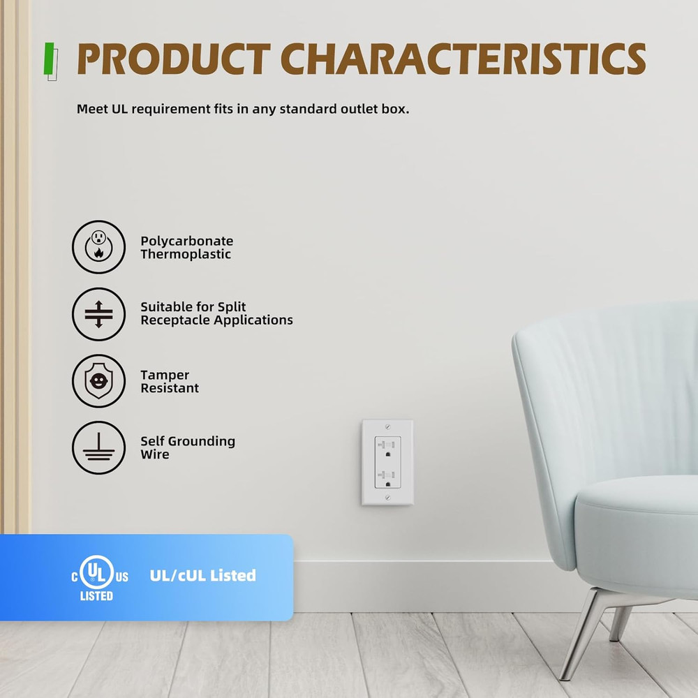 10Pack Decorator Receptacle Outlet, 20A Tamper-Resistant Electrical Wall Socket,