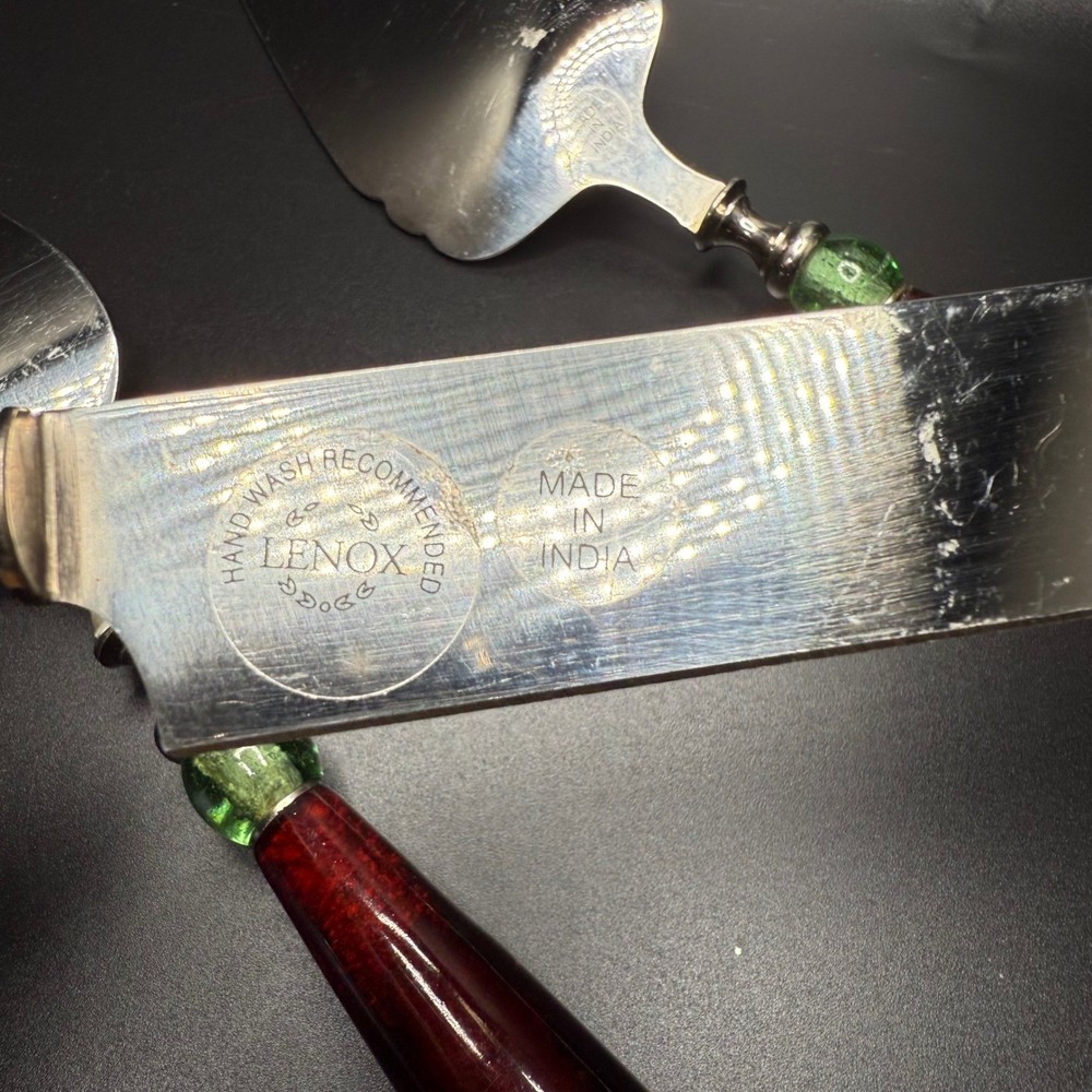 Lenox Serving Utensils Cake Pie Server Fork Knife Set Red Green Beaded Handles