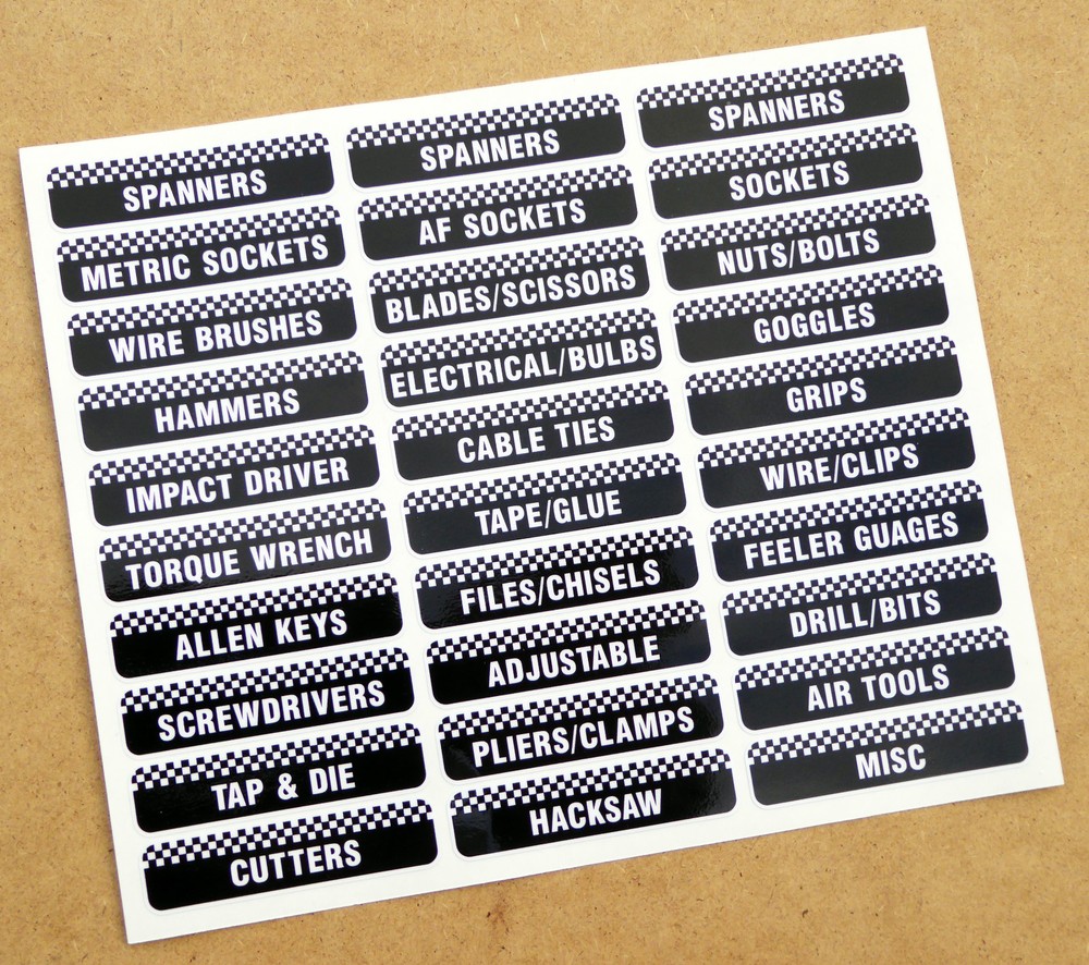 TOOLBOX TOOL CHEST Drawer LABEL stickers decals Identify workshop tools 2 SHEETS
