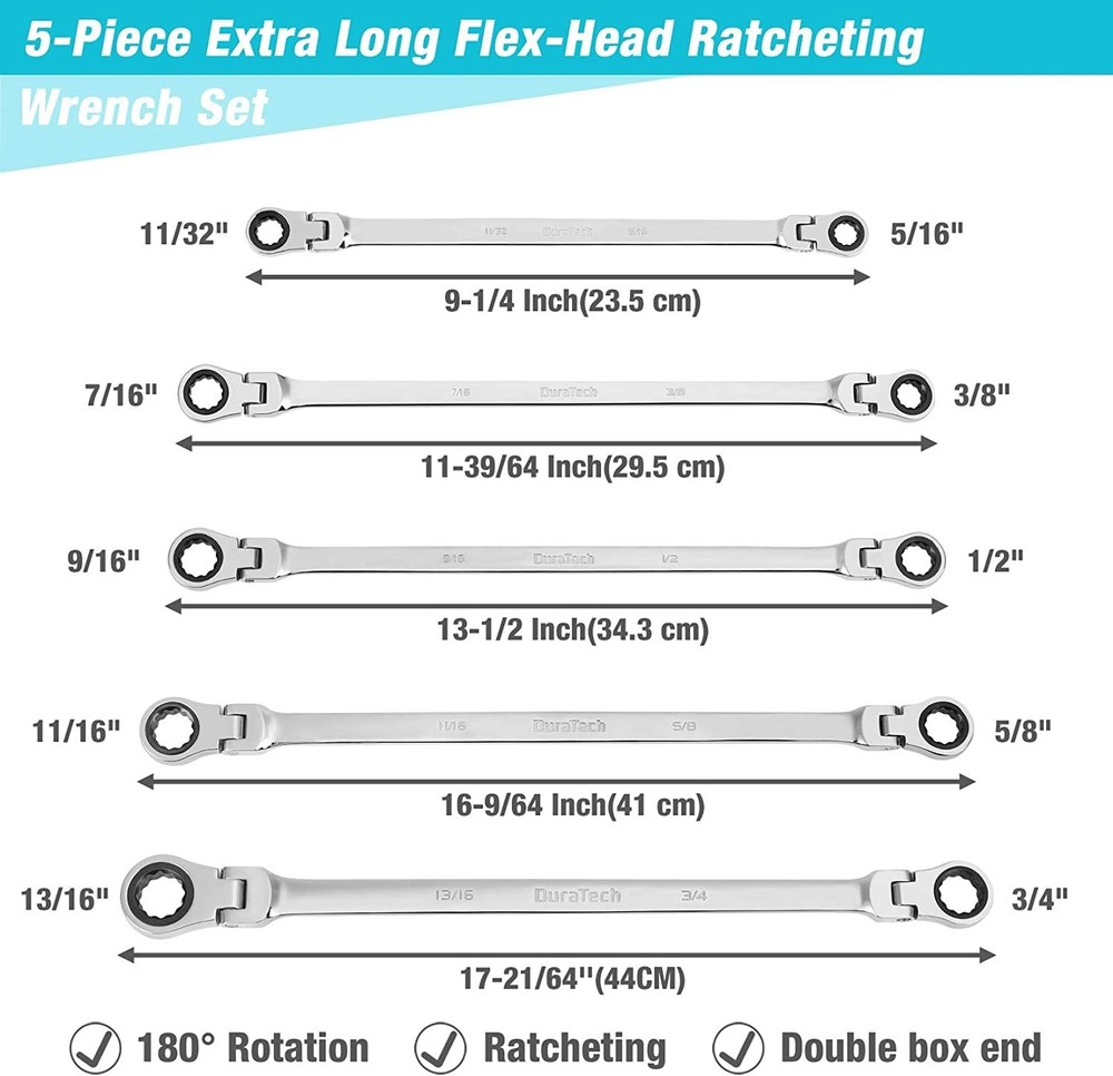 DURATECH Extra Long Flex-Head Double Box End Ratcheting Wrench Set, SAE, 5/16"