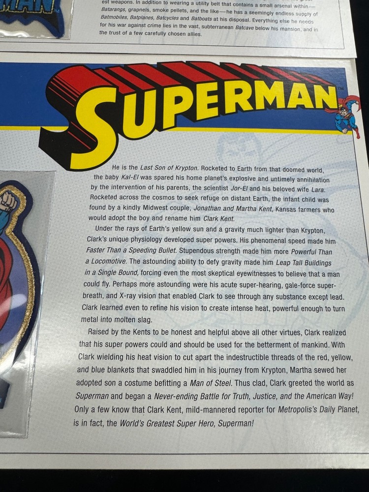 BATMAN & SUPERMAN PATCH on INFO CARD ~ Willabee & Ward ~ DC COMICS PATCHES