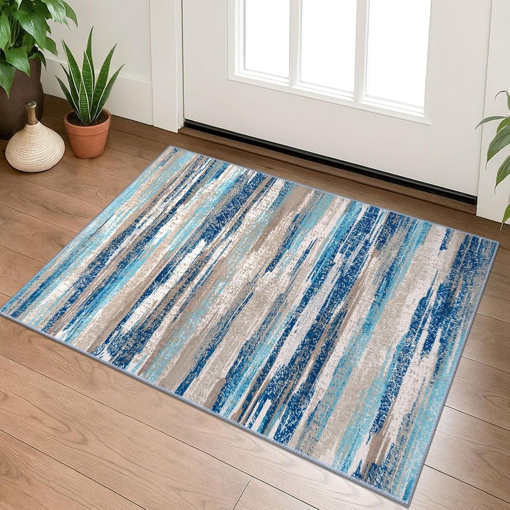 Modern Abstract Entryway 2' x 3' (Rectangular), Blue Aqua/Beige Taupe Multi