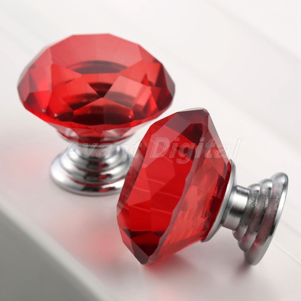 30mm Crystal Glass Knobs Handle Diamond Shape Cabinet Kitchen Door Red Pulls