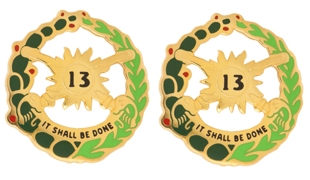13th Armor Unit Crest DUI - 1 Pair - IT SHALL BE DONE
