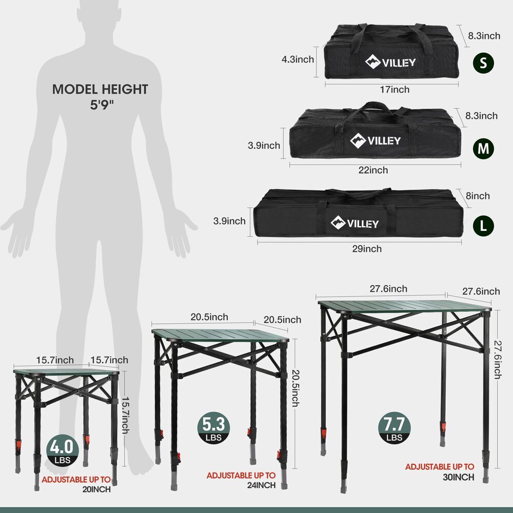 VILLEY Folding Camping Square Table w/Bag Lightweight Aluminum Adjustable Tables