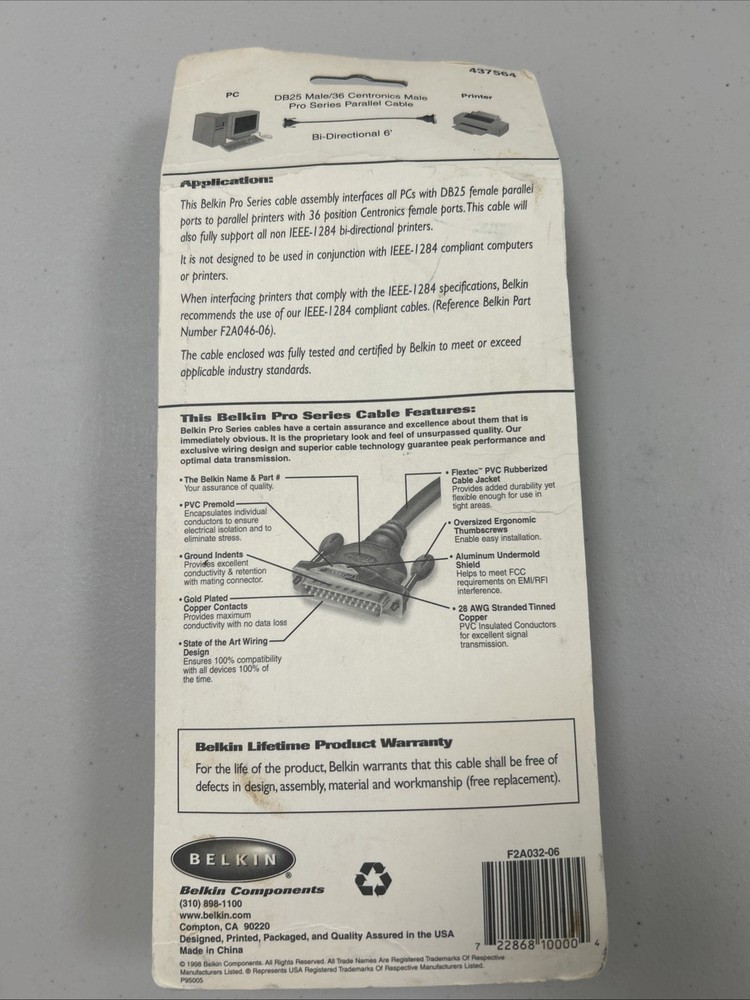 Belkin Pro Series Parallel 6 Foot Printer Cable. F2A032-06 New