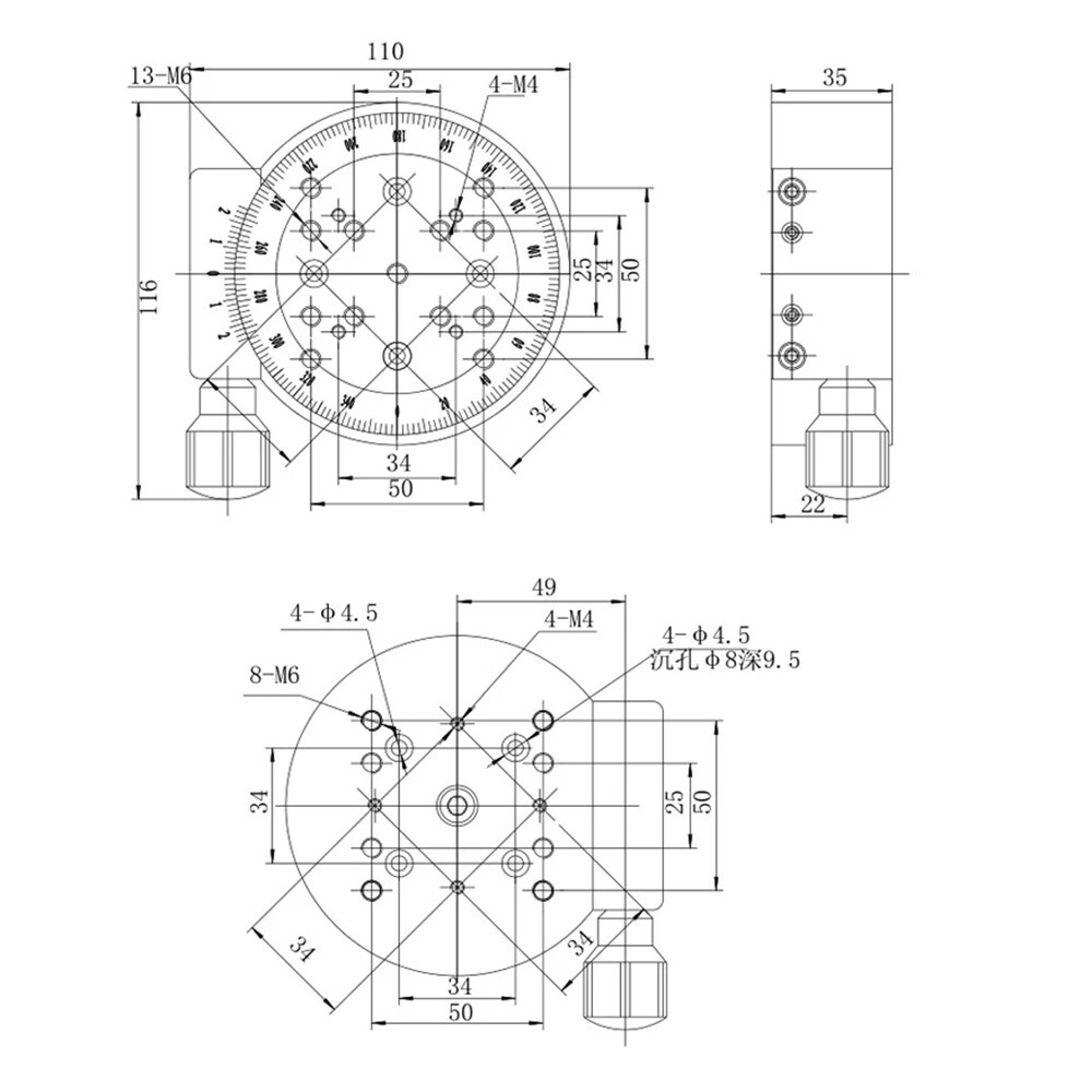 Manual Rotary Stage R Axis 360 Degree Rotating Platform Angle Adjustment 100MM