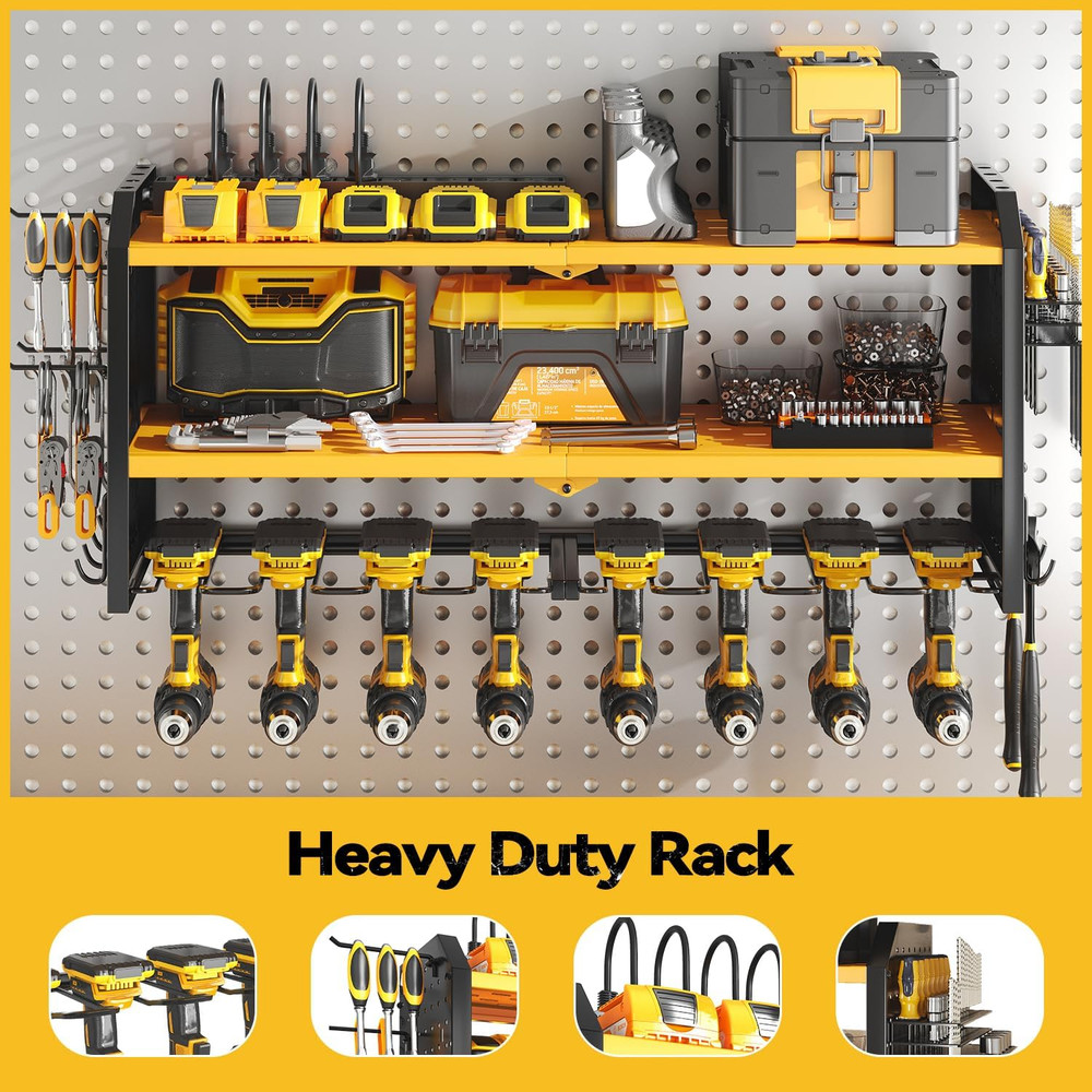 Heavy Duty Wall-Mount Tool Organizer with Charging Station & 8 Drill Holders