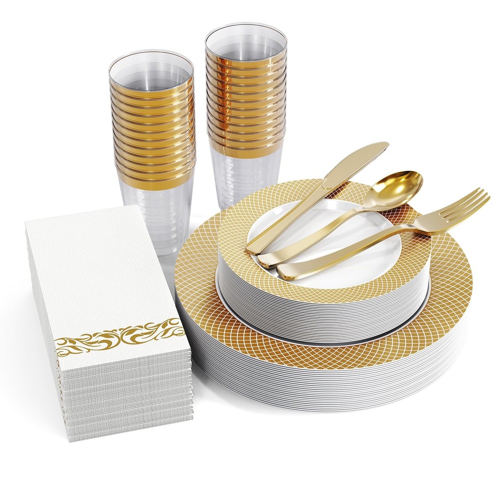 175 Count 175Pack Gold Dinnerware Set 10" Dinner Plates, 7" Dessert Plates