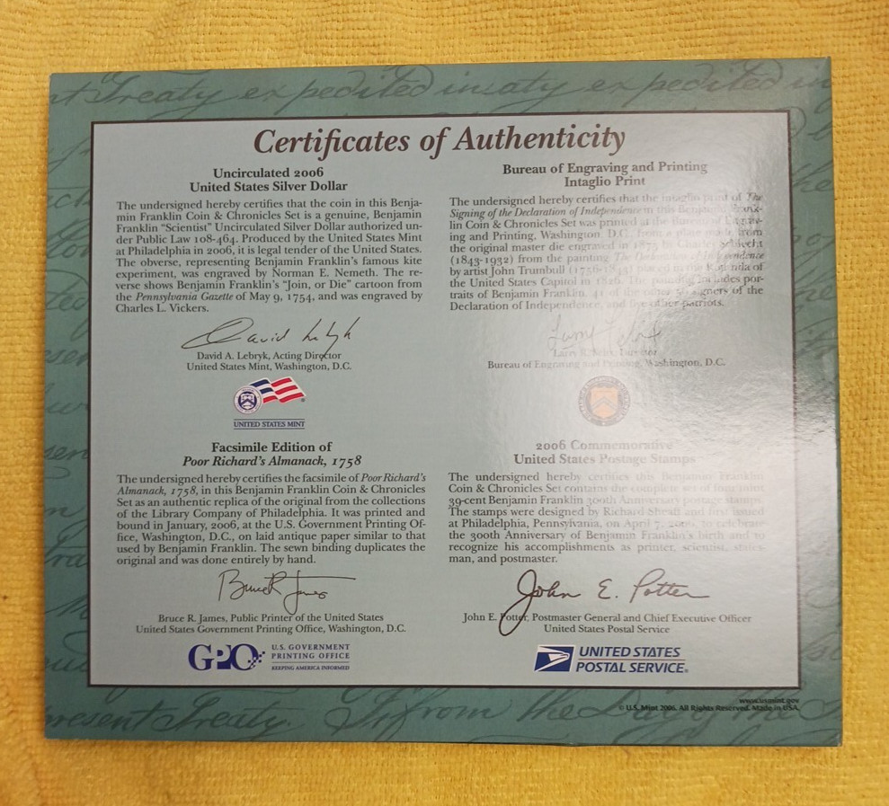 2006 BENJAMIN FRANKLIN COIN AND CHRONICLES SET