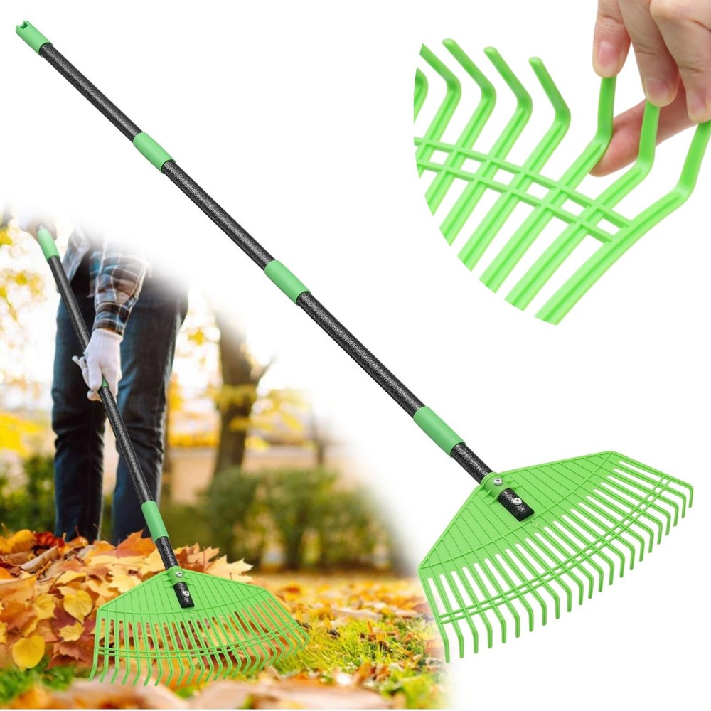 Plastic Leaf Rake with Adjustable 65'' Handle - Lightweight Outdoor green