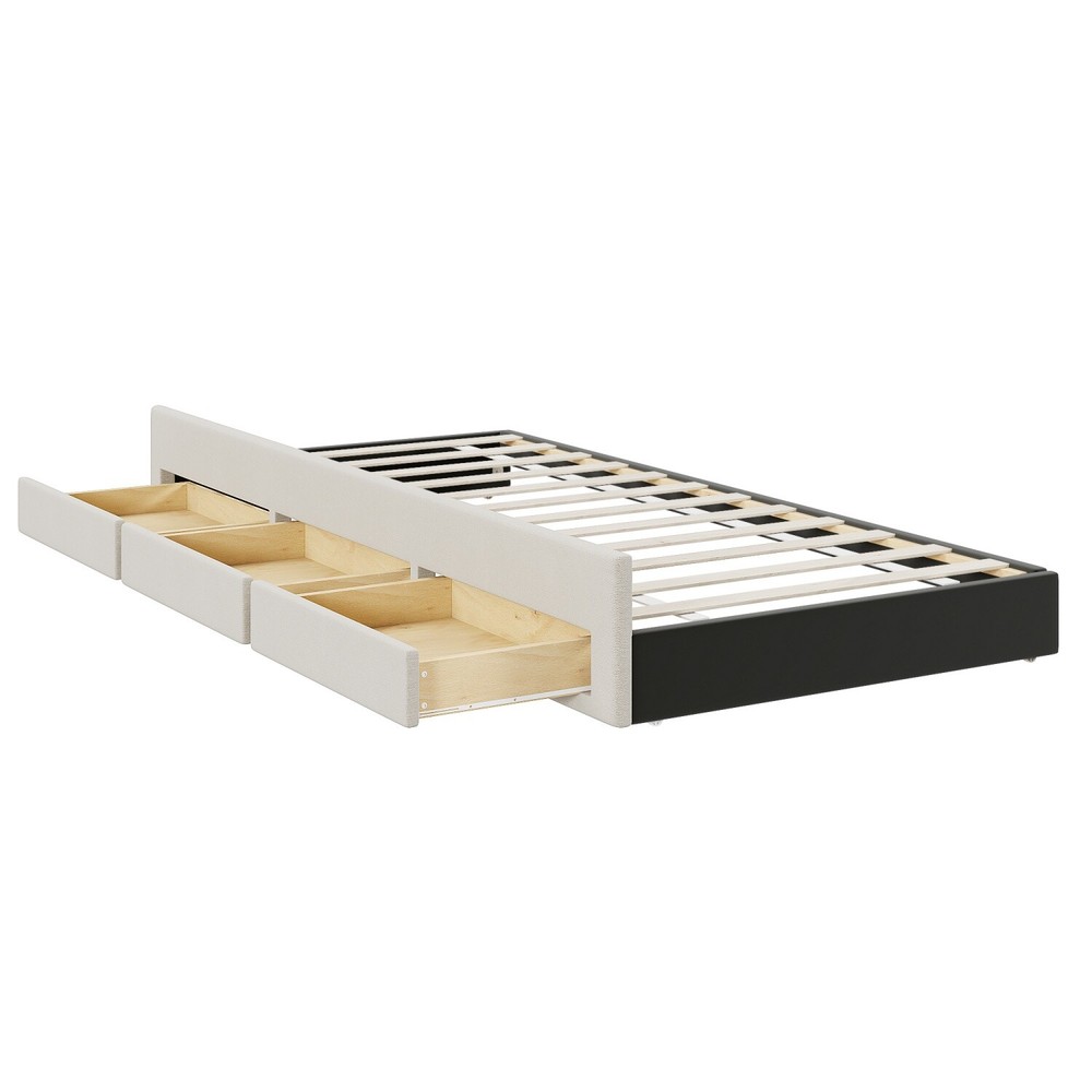 Full Size Bed Frame Upholstered Platform Bed w/ Pull Out Trundle & 3 Drawers