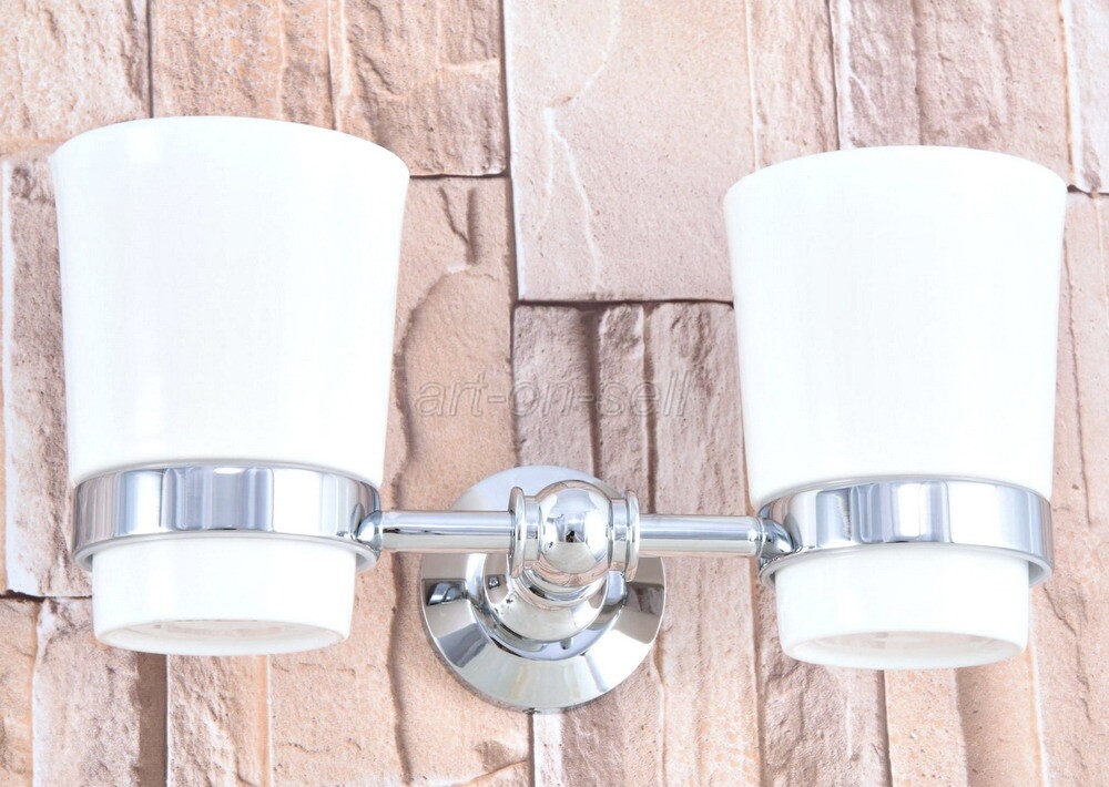 Toothbrush Holder Double Wall Mount Ceramic Cup Accessory Chrome Finish aba798