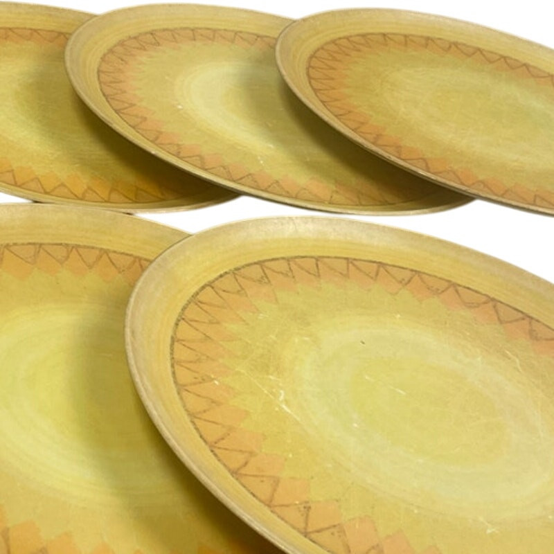 8 Vintage 1970s Lenox Ware Plastic Orange Gold Triangle Pattern Dinner Plates