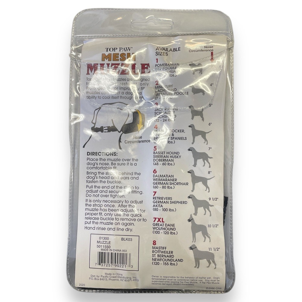 Adjustable Mesh Muzzle Restraint for Dogs Size 3 (12-24Lbs) Top Paw NEW
