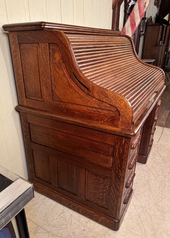Antique Oak 50" Raised Panel S-Roll Top Desk with Carved Pulls