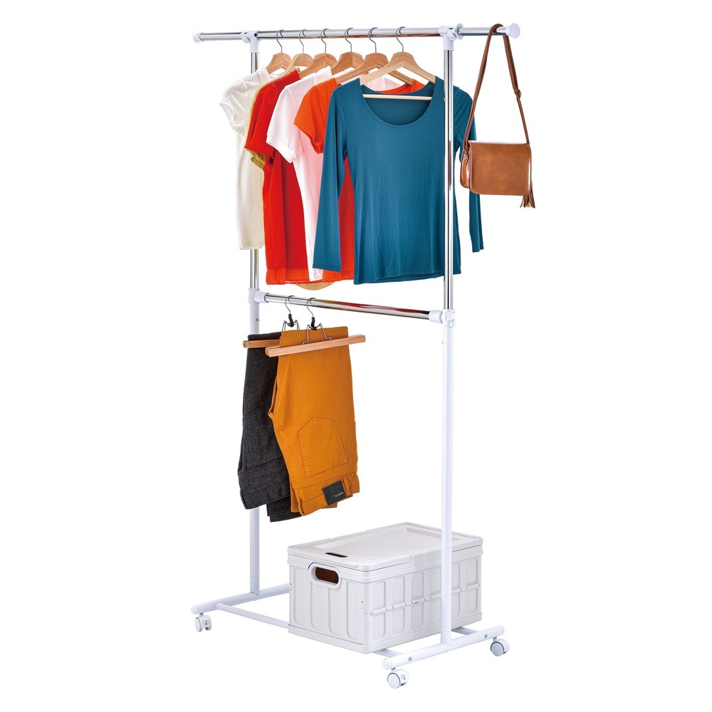 2-Shelf Garment Drying Clothes Rack - Adjustable Height, Locking Wheels, Metal