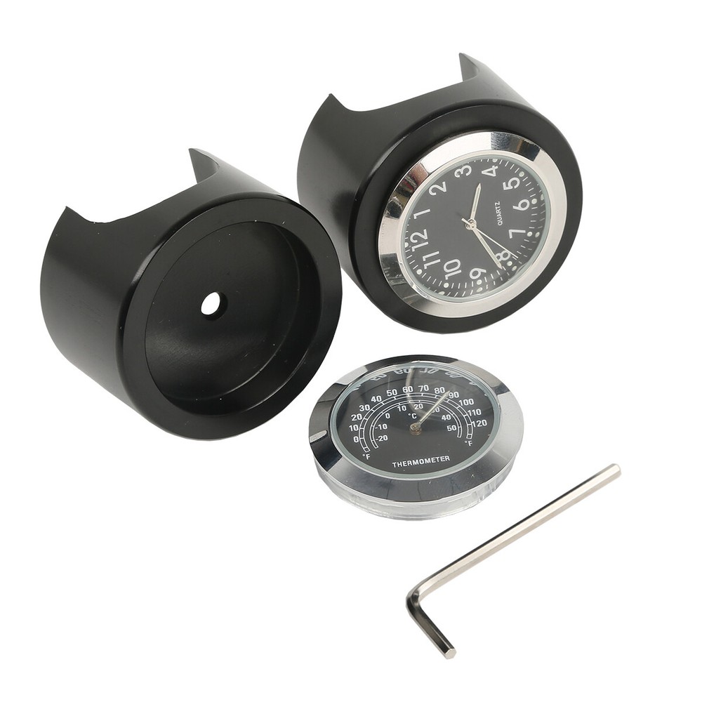7/8" 1" Handlebar Black Dial Clock Temp Thermometer Universal Motorcycle