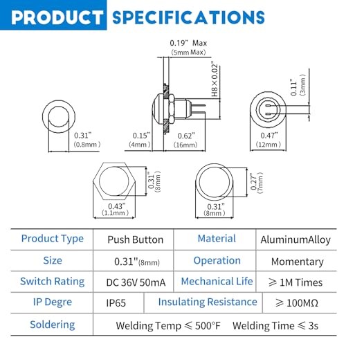 (3pcs) 8mm Switch:Momentary Toggle Push Button Switch:Aluminum Black
