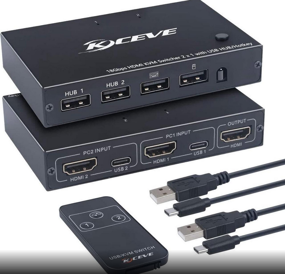 KCEVE KVM Switch 2 Ports, USB HDMI Switch 2 Computer Keyboard Mouse Switch Box S