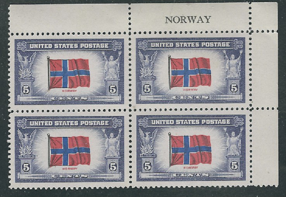 Scott #911...5 Cent...Norway...4 Inscribed Margin Blocks...MNH