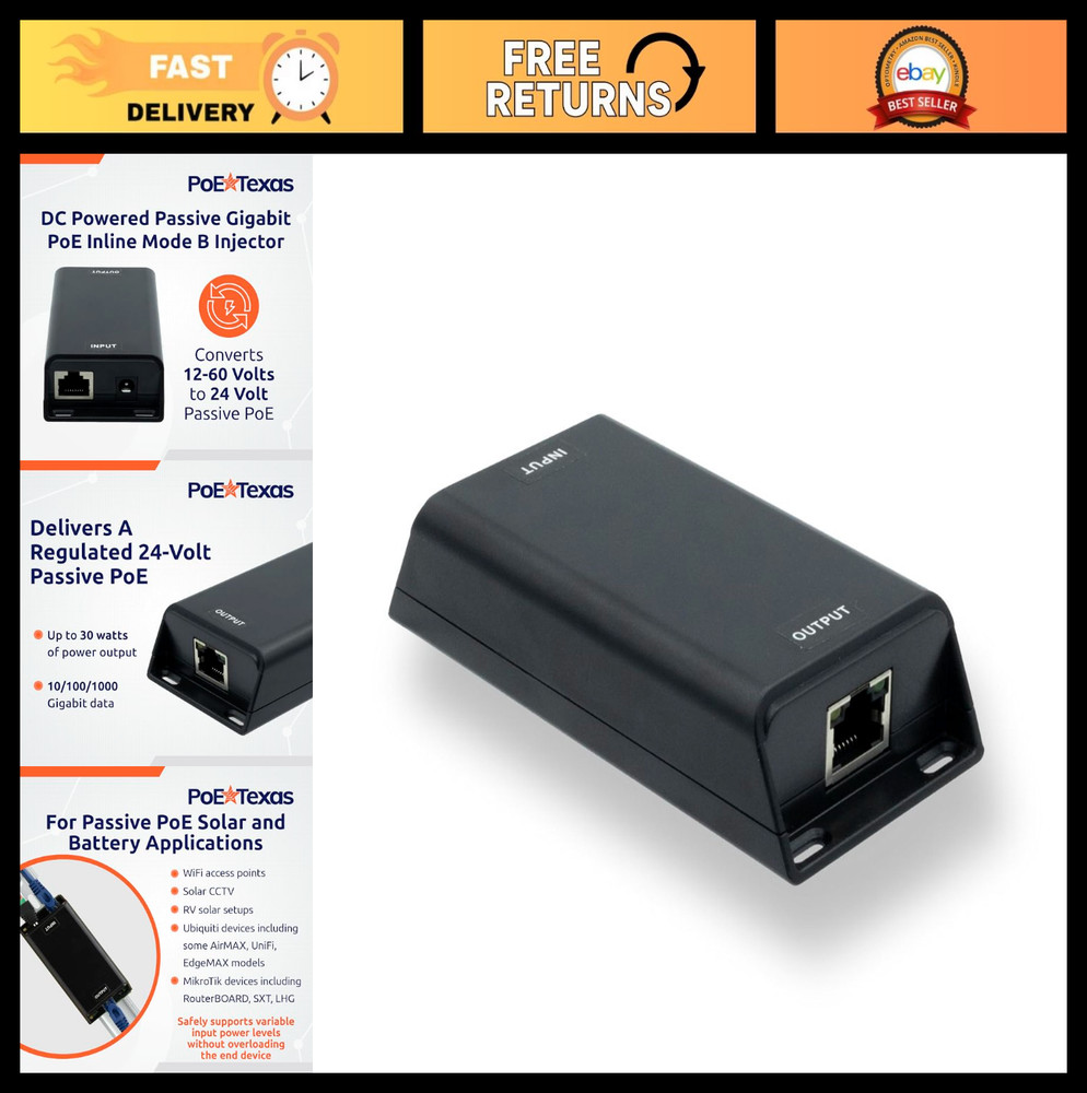 PoE Texas 24 Volt Passive PoE Injector (Mode B) - DC-Powered Gigabit Inline Conv