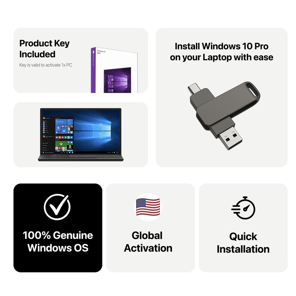 Bootable USB Type C + A Installer for Windows 10 , Activation Key Included. R...
