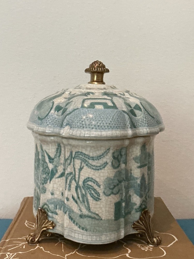 Turquoise Willow Chinoiserie Pattern Lidded Ormolu Oval Shaped Ceramic Box 9 in