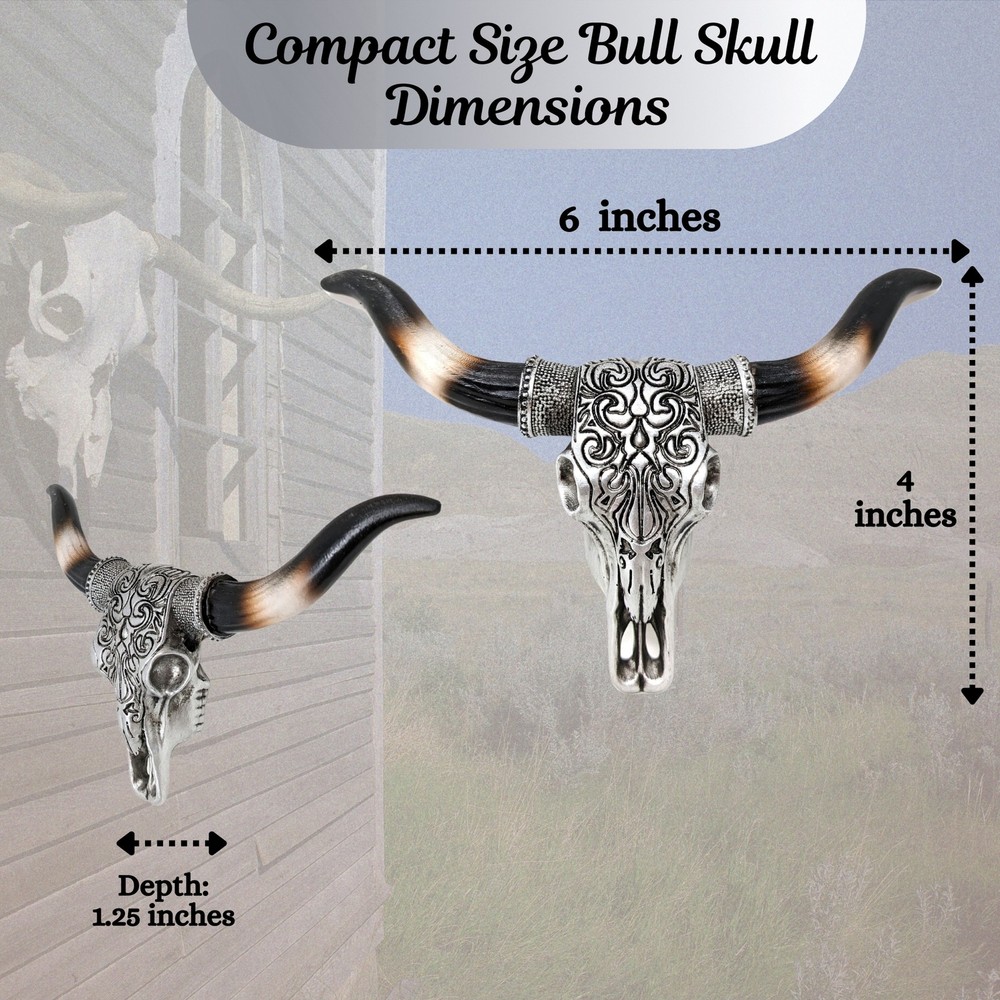Mini Tooled Bull Skull Wall Sculpture | Silver Scrolls Design