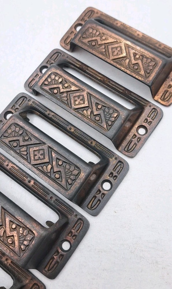 Antique Card Label Bin Pulls Drawer Pull Handle Vintage Metal Hardware Set of 6
