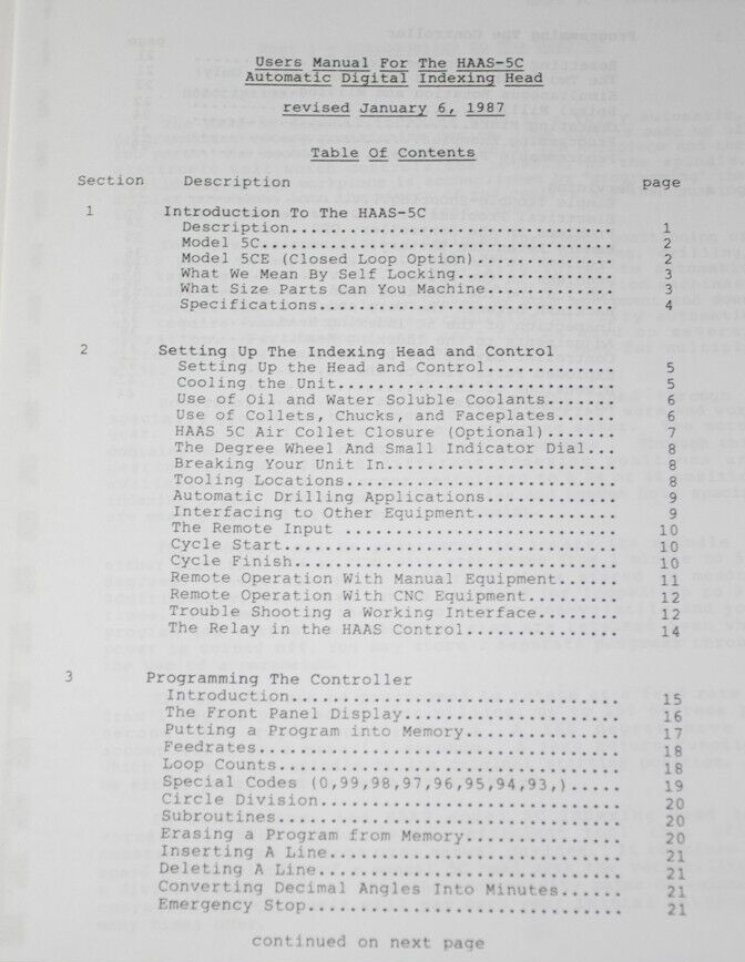 HAAS 5C Indexing Operations, Programming and Servicing Manual 1987