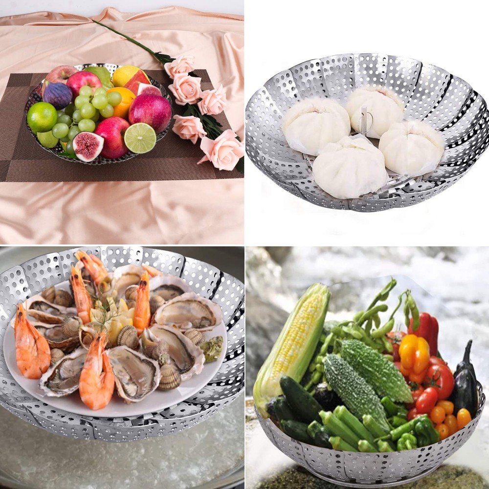 Veggie Vegetable Steamer Basket, Folding Medium: 5.9" to 9.8", Silver