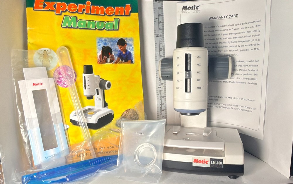 Motic LM-100 Microscope Kit WORKING w Case Sample Slides Tools Student Lab Set