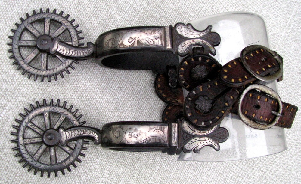 SPANISH COLONIAL TRANSITIONAL DBL MTD ENGRAVED 2 PATTERN CLOCK GEAR ROWELS c1850
