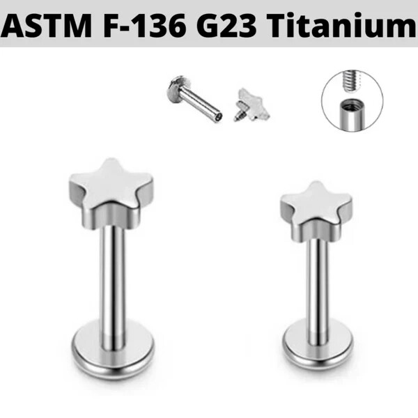 16G 1/4" TITANIUM STAR INTERNALLY THREADED LABRET EARRINGS TRAGUS Flatback STUD