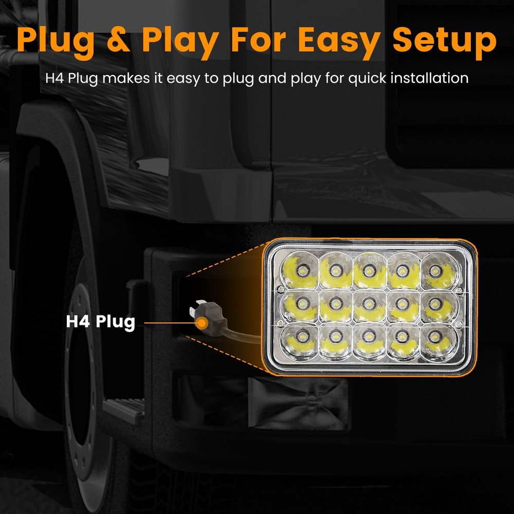 2Pcs 4x6in Car LED Headlights Vehicle Rectangular Headlamp With H4 Socket H4-