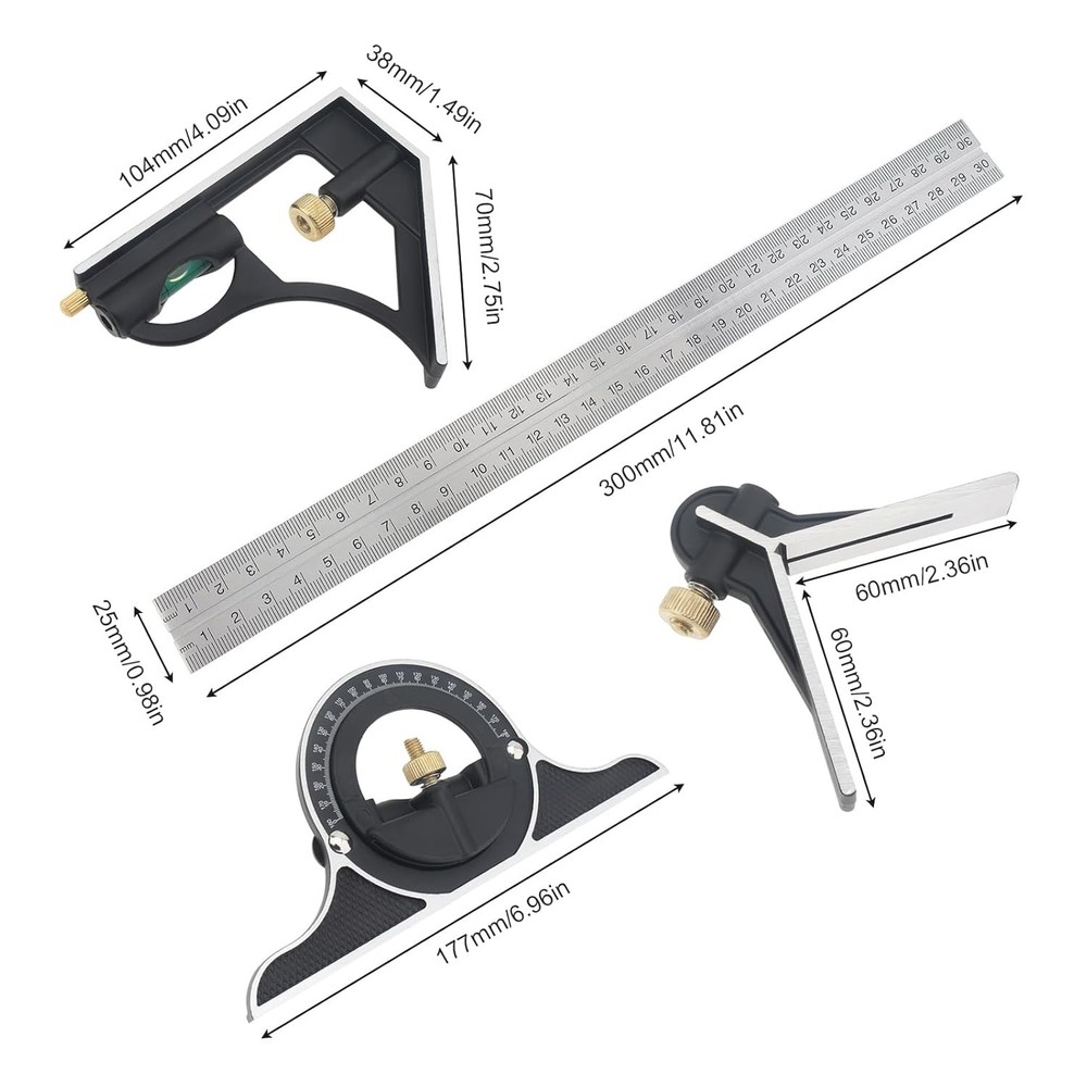 300MM 3-Piece T-Square & Protractor Level Set, Adjustable Sliding Square Ruler
