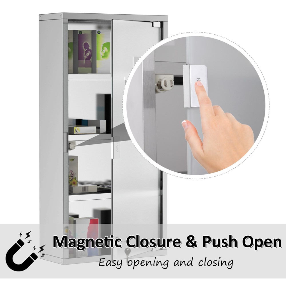 Wall Medicine Cabinet with Lock, Lockable Wall Cabinet, Silver