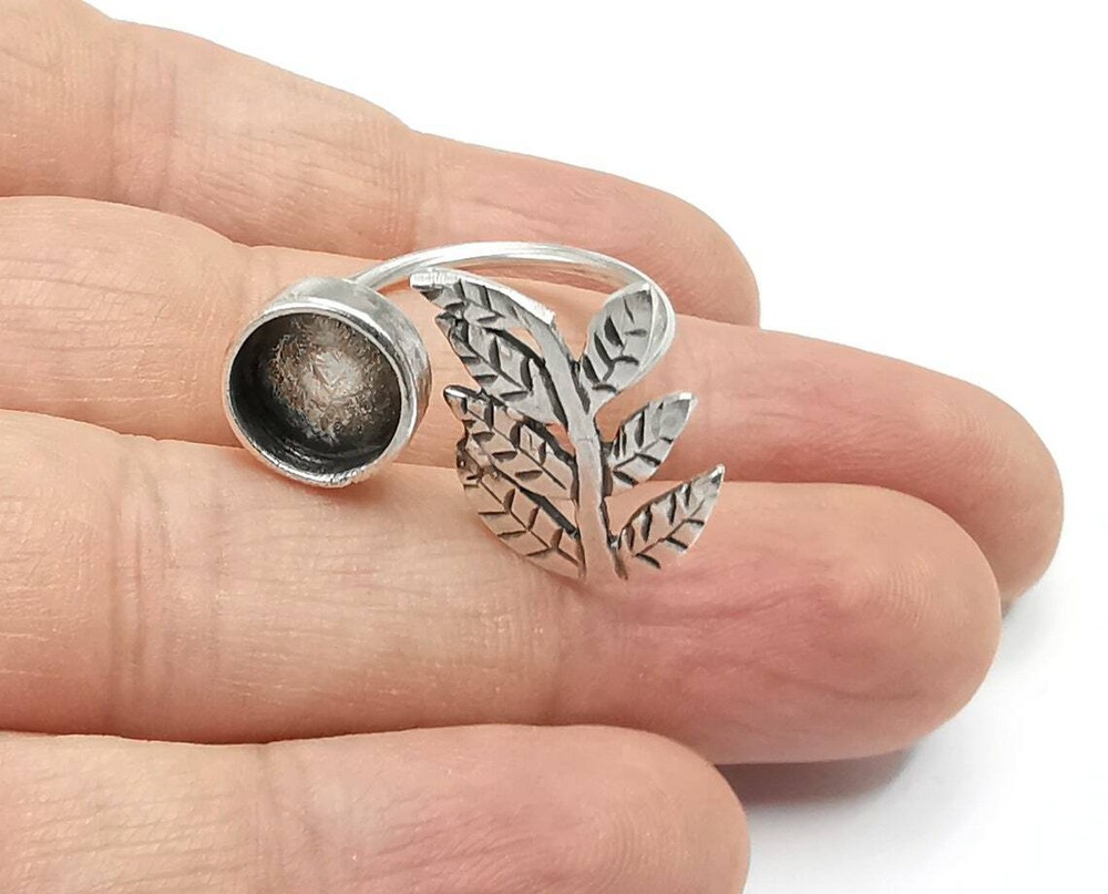 Leaf Branch Silver Ring Setting Blank Cabochon Mounting Adjustable Brass G26866