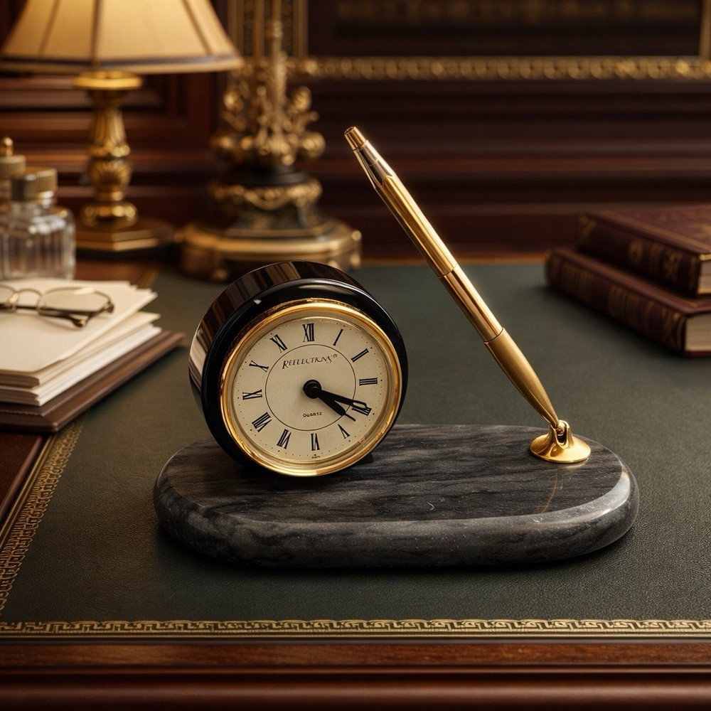 Things Remembered Grey Marble Desk Clock with Pen Holder