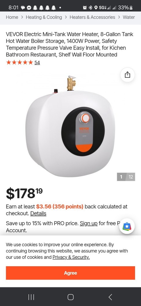 VEVOR 8 Gallon Electric Mini Tank Hot Water Heater Kitchen Sink Compact 1440W